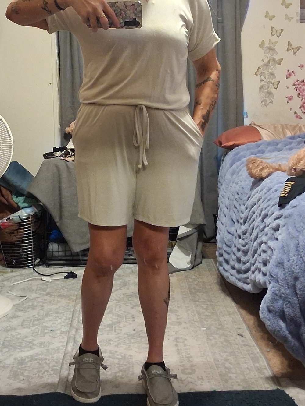 Light Beige Drawstring Short Romper